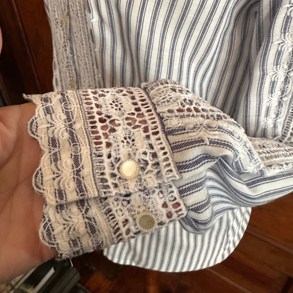 VINTAGE Prairie Style Striped Button Down w/Lace Panels - Picture 5 of 10